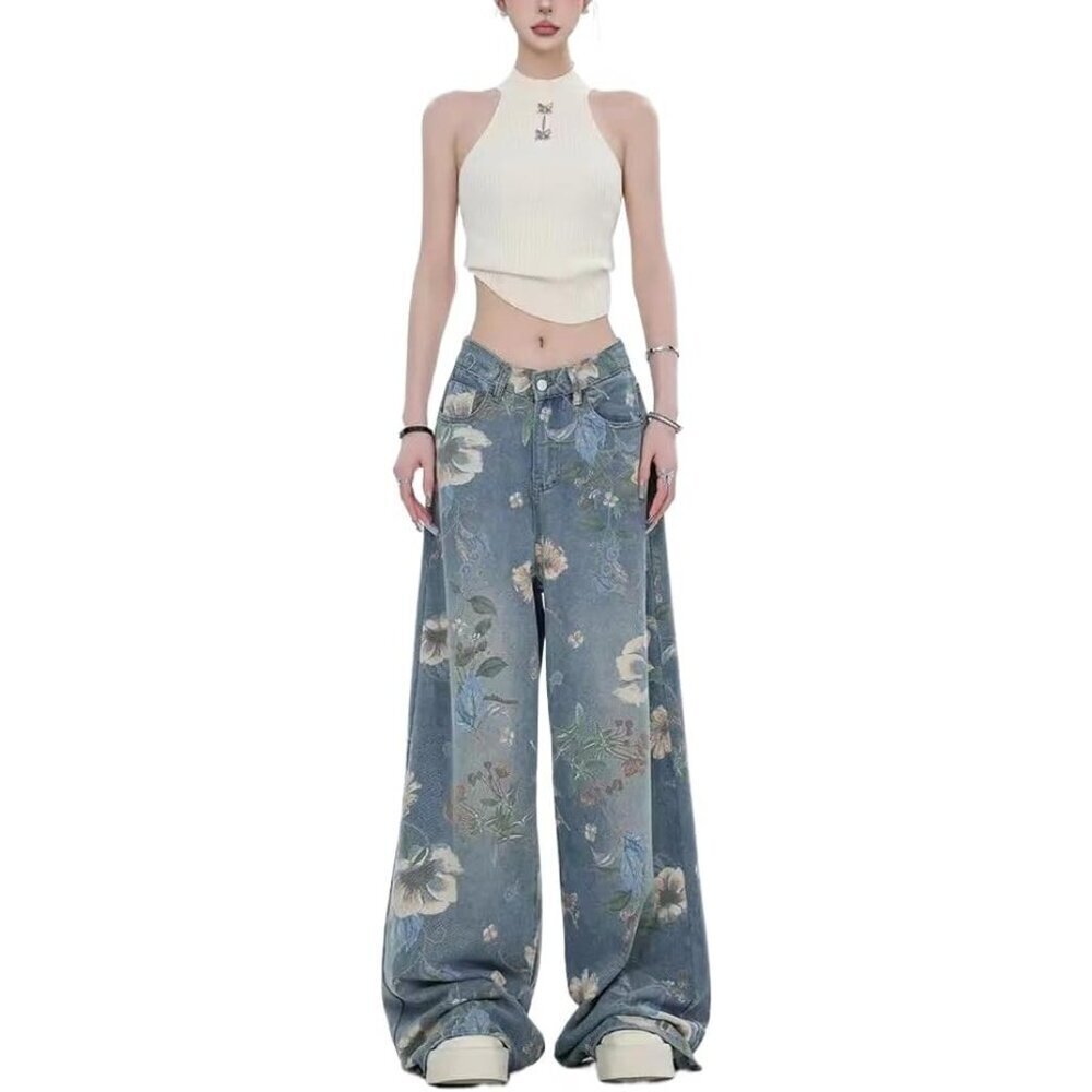 Unisex Floral Baggy Jeans Denim Wide Leg Streetwear Y2K Harajuku
